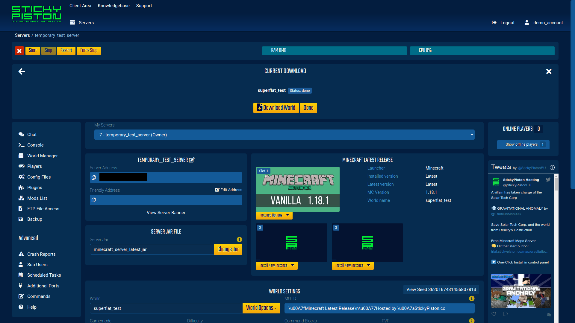 The StickyPiston Multicraft UI for downloading a world through the World Manager