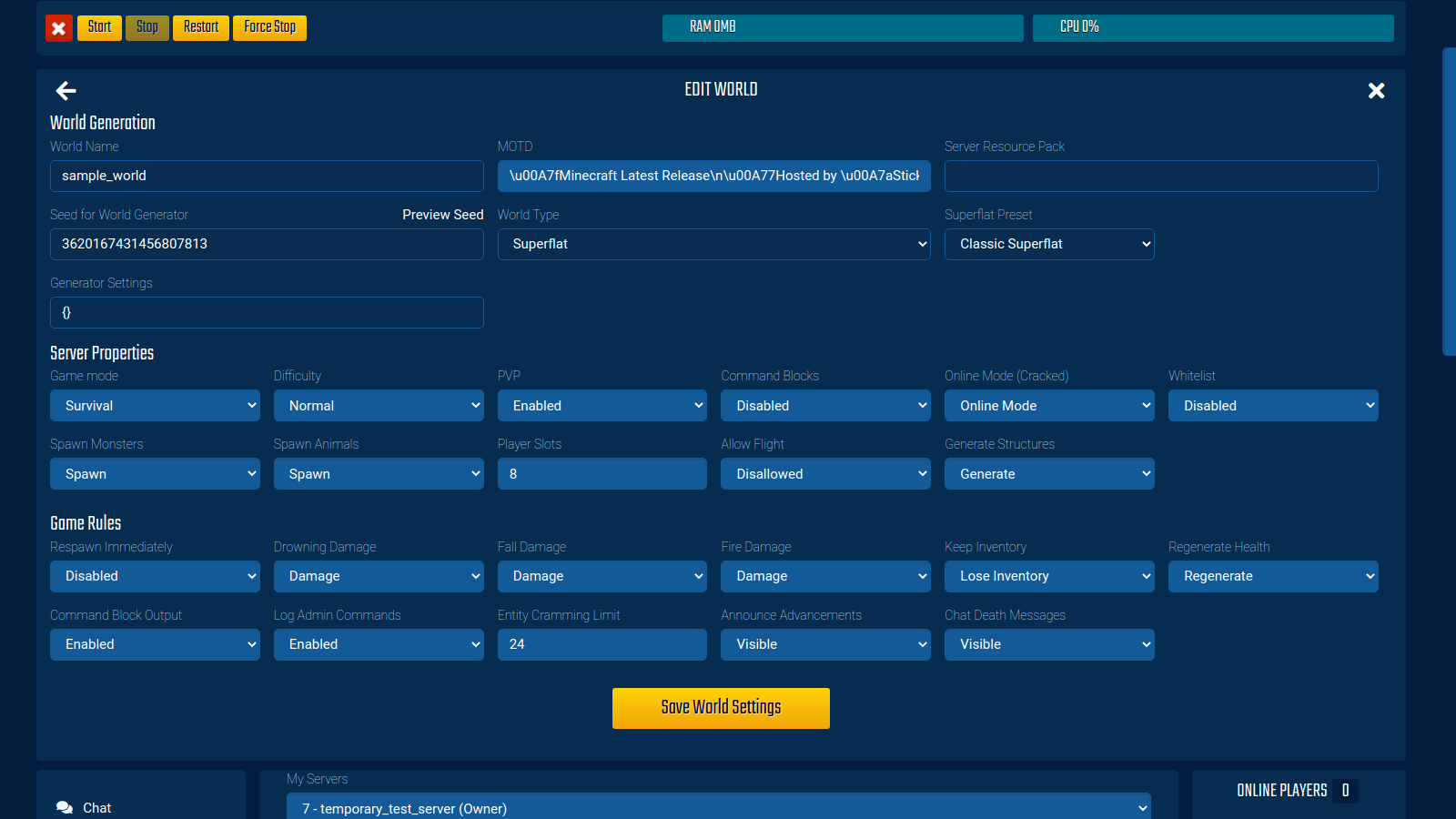 The world's settings that are editable through the World Manager