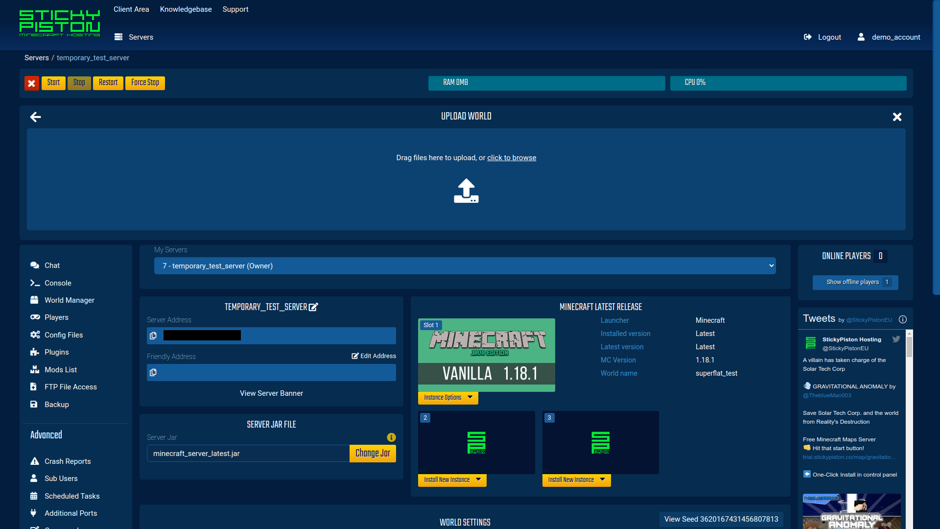 The StickyPiston Multicraft drag-and-drop interface for uploading worlds with through the World Manager