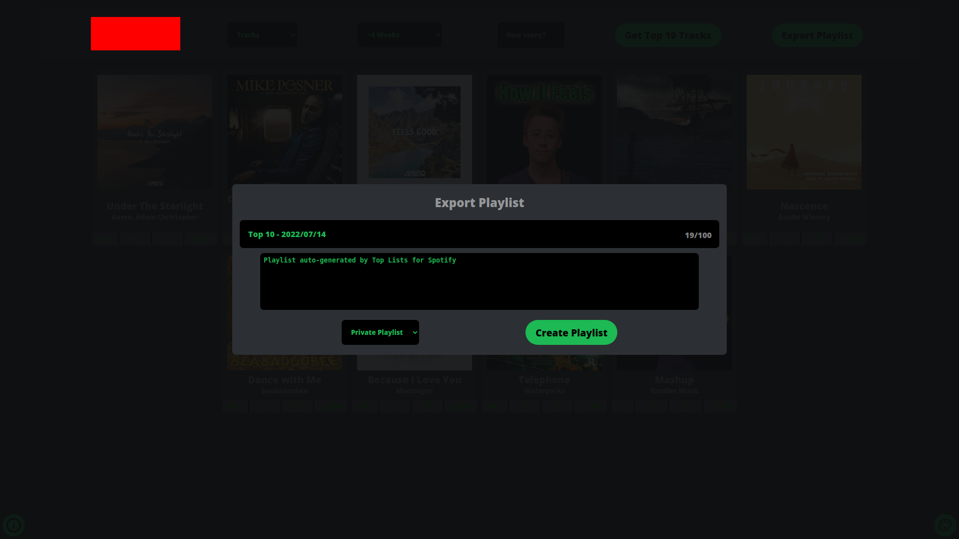 A modal accessible from the main view of the site when viewing the top tracks; The modal has a title, description, and privacy level settings, and a button to export the playlist to your Spotify account