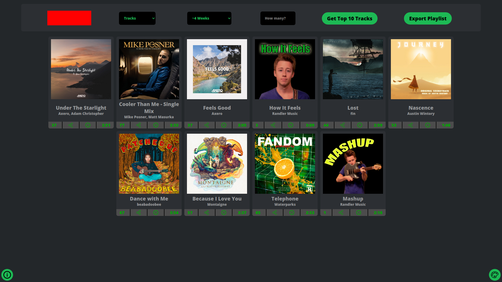 The main view of the site displaying 10 Spotify tracks