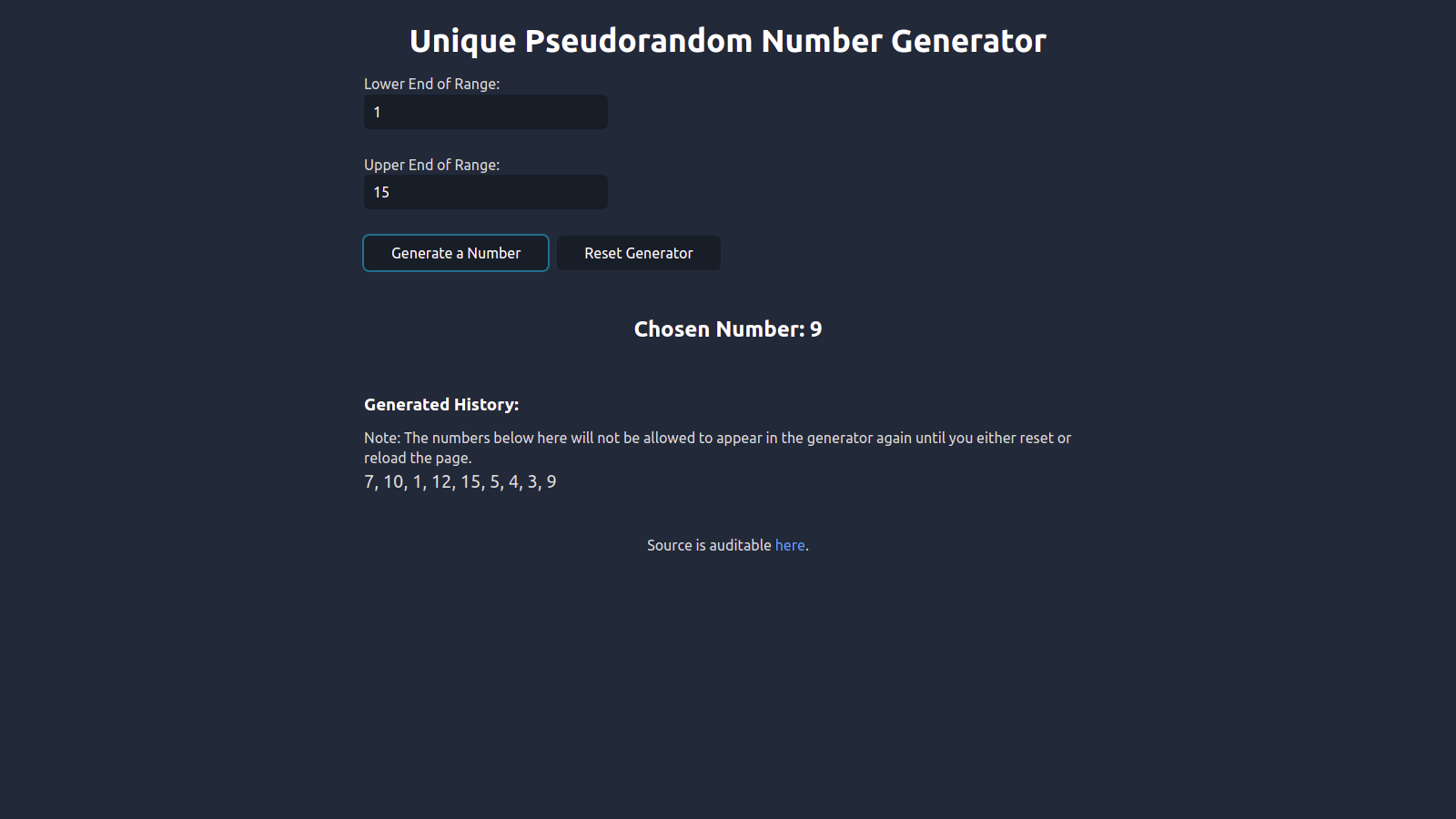 Unique Random Number Generator